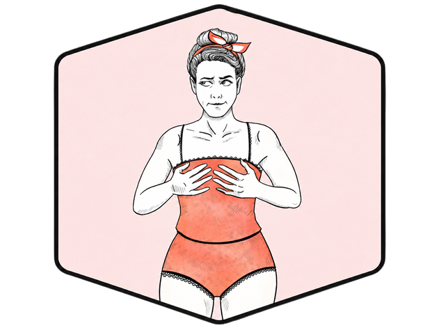 Illustration of a woman wearing an orange outfit with a pink hexagonal border on a white background