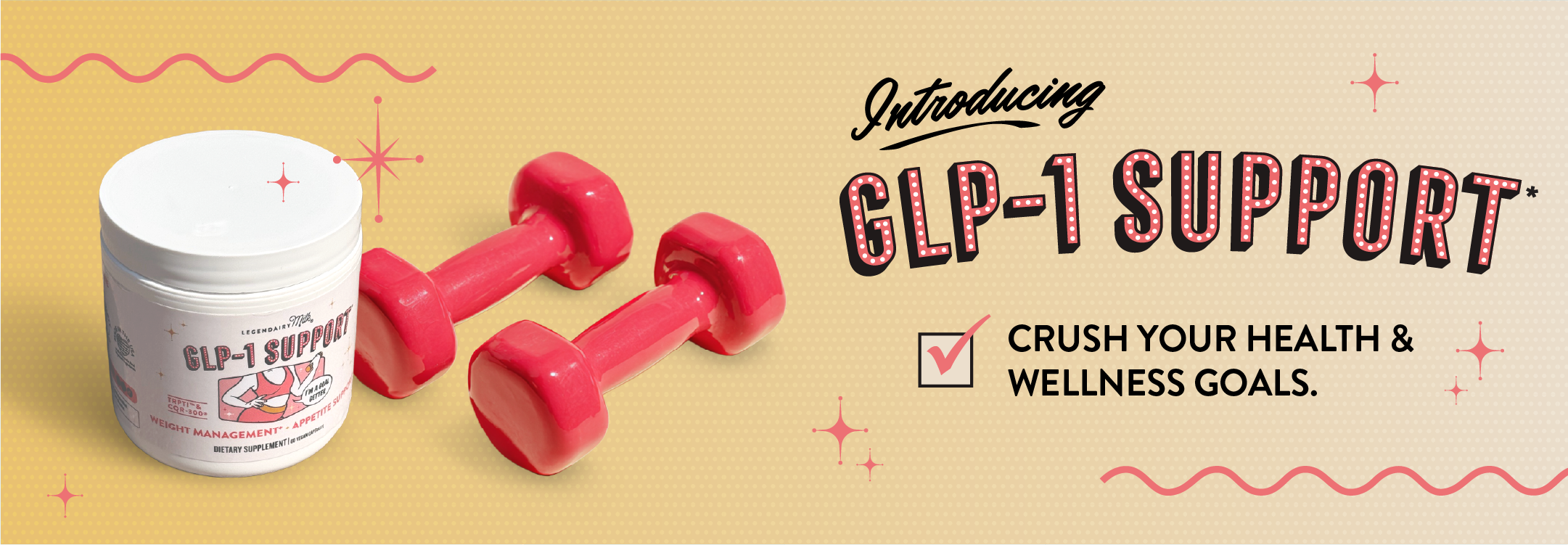GLP-1 Support product with pink dumbbells on a beige background