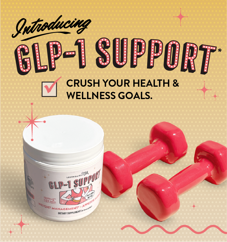 GLP-1 Support supplement container with pink dumbbells on a yellow background