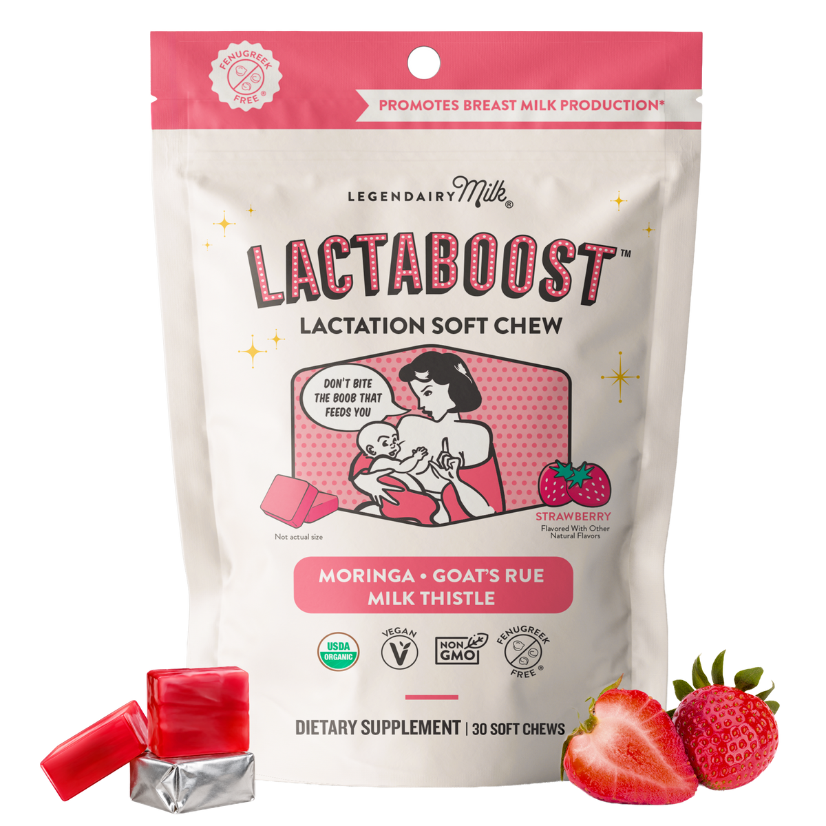 A stand-up pouch of Legendaairy Milk Lactaboost Lactation Soft Chew dietary supplement, shown on a white background with two red soft chews and sliced strawberries in front. The package is cream and pink with illustrated text and icons, and the flavor is Moringa + Goats Rue Milk Thistle.