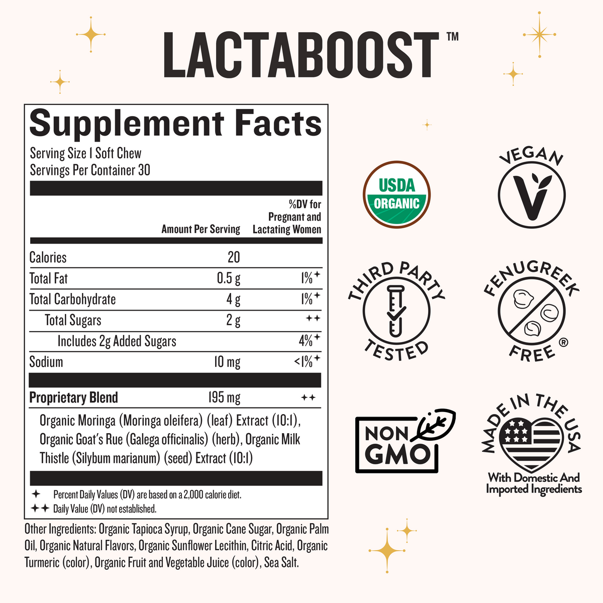 Lactaboost supplement facts panel with branding and certification logos on a white background. The panel shows serving size, calories, fat, carbohydrates, sugars, sodium, and the proprietary blend ingredients.