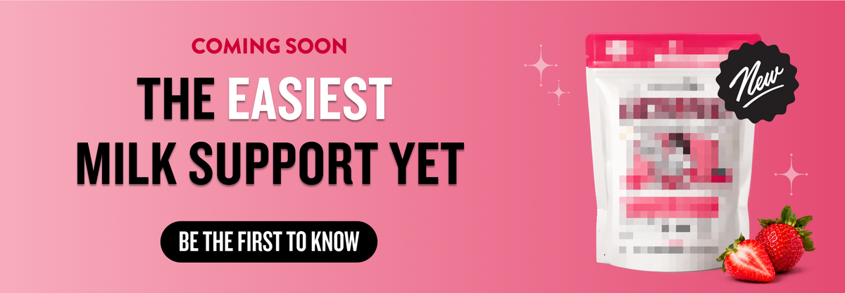 Pink banner teasing a new milk support product coming soon
