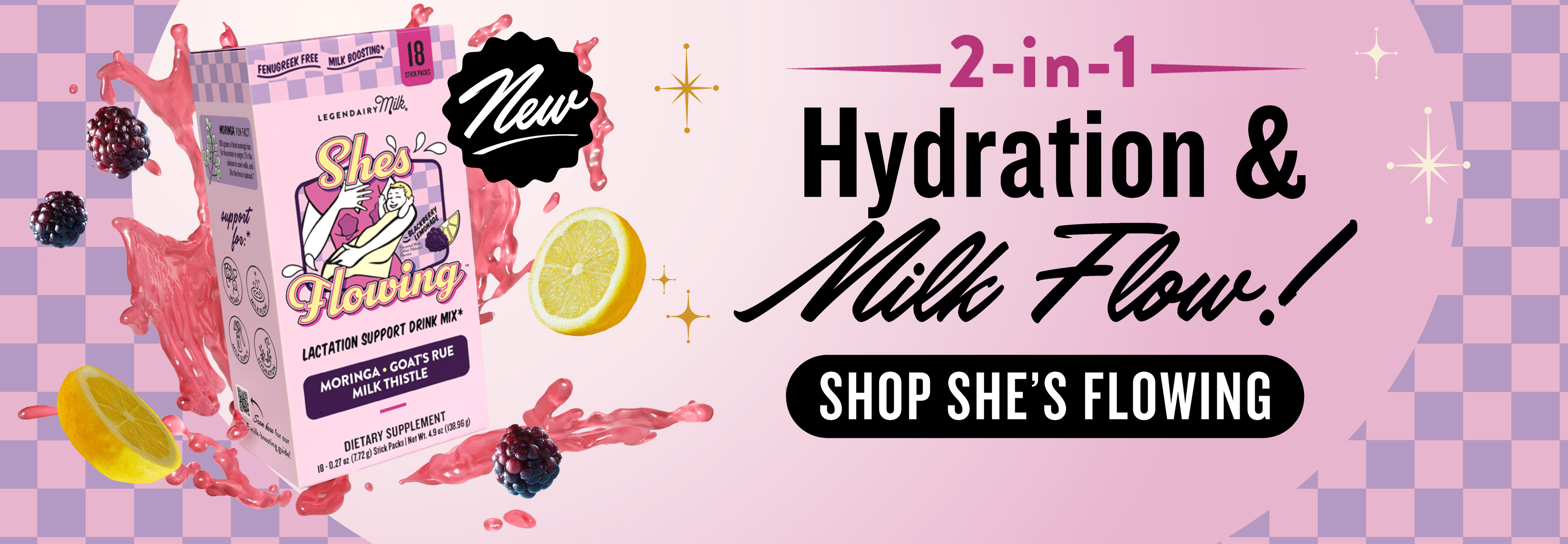 She's Flowing lactation support drink mix packaging on a pink and purple checkered background with lemon and blackberry graphics.