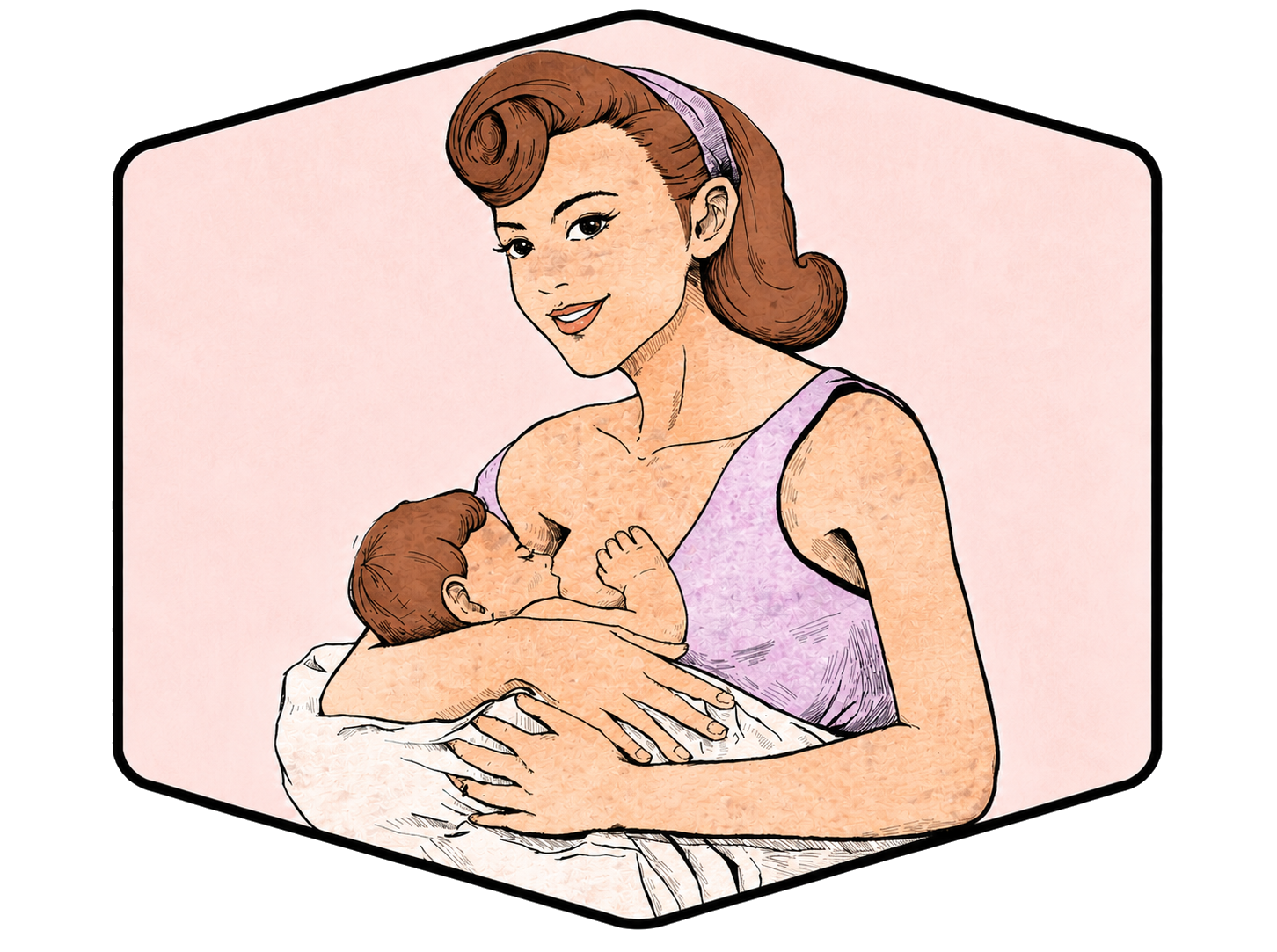 Illustration of a woman breastfeeding a baby against a pink background