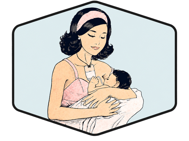 Illustration of a woman breastfeeding a baby against a light blue background