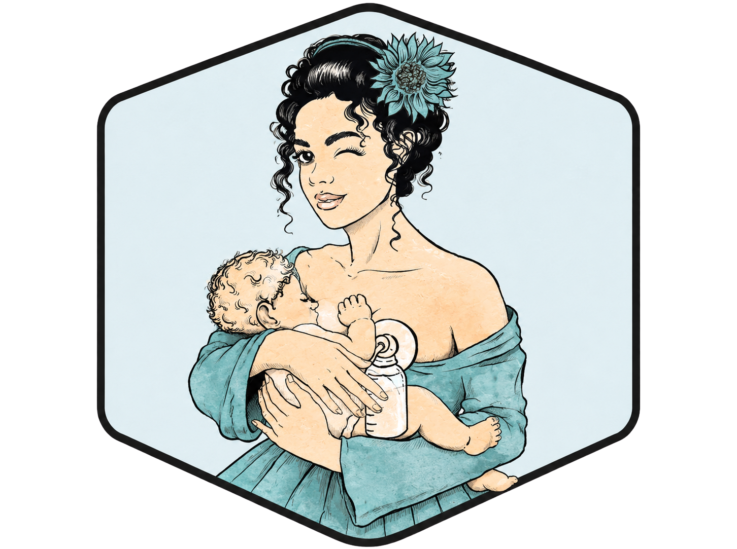Illustration of a woman holding a baby with a flower in her hair, framed in a hexagonal border.