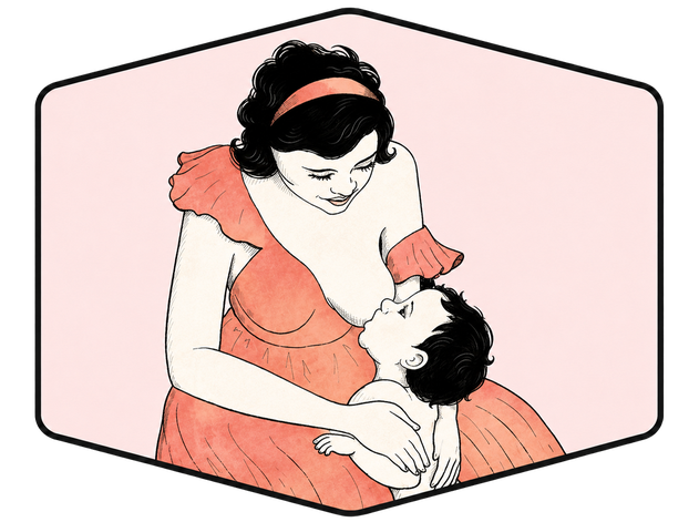 Illustration of woman nursing a distracted baby that is looking at her while standing