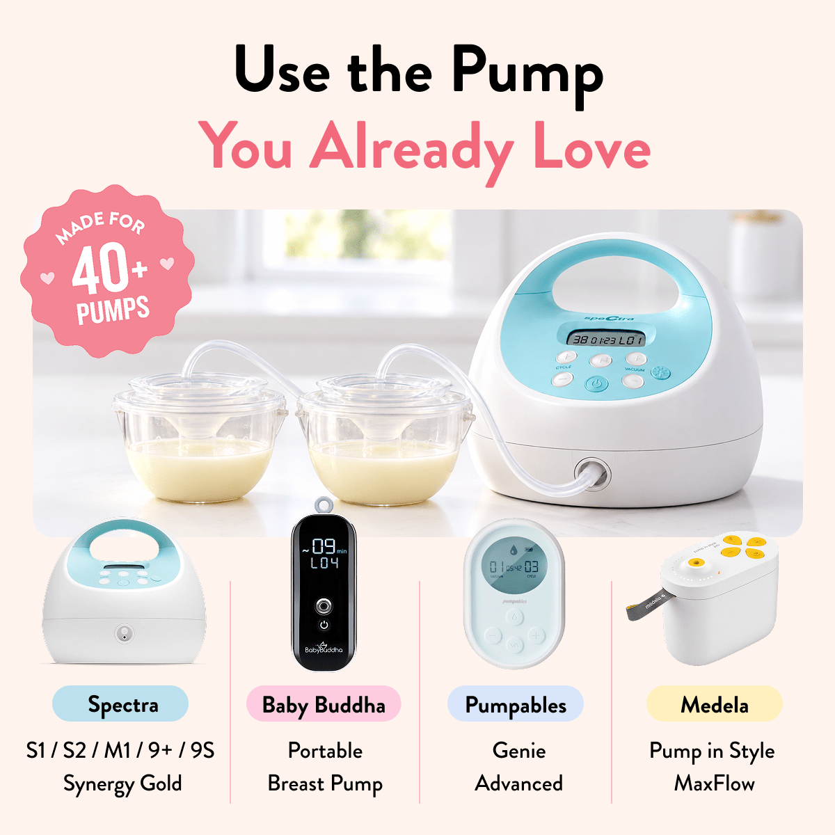 Promotional graphic for a breast pump set showing a white and light blue pump device, two milk collection cups, and four labeled pump models: Spectra, Baby Buddha, Pumpables, and Medela. Text at the top reads 'Use the Pump You Already Love' with a pink badge saying 'Made for 40+ pumps.