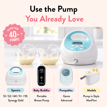 Promotional graphic for a breast pump set showing a white and light blue pump device, two milk collection cups, and four labeled pump models: Spectra, Baby Buddha, Pumpables, and Medela. Text at the top reads 'Use the Pump You Already Love' with a pink badge saying 'Made for 40+ pumps.